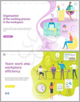 Organization of working process in workplace and teamwork working efficiency vector. People in office woking with visualized data and infographics. Website or webpage template, landing page flat style