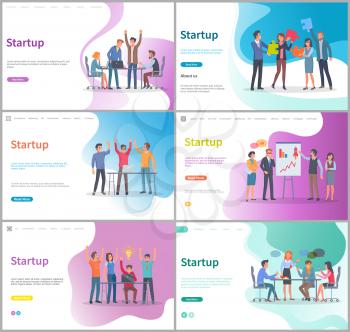 People happy of successful startup launching vector, business activity. Teamwork, meeting presentation of ideas, discussion conference in office. Website or webpage template, landing page flat style