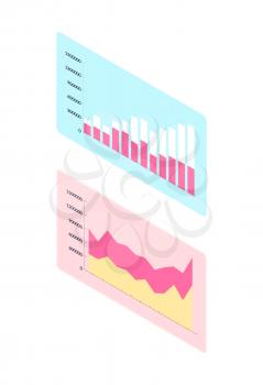 Chart with columns and numbers on colorful rectangle. Diagonal orientation of diagram, presentation infochart and analytics, flat schedule vector