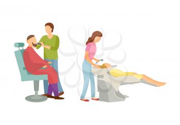 Spa salon, hair wash of client done by beauty expert. Barber shop and making cut of beard and mustaches isolated people, styling new haircut vector