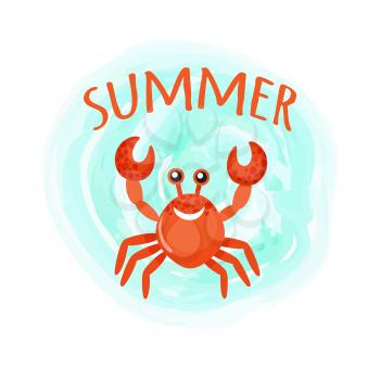 Summer crab in glasses oceanic underwater animal vector isolated on blue watercolor splash. Beach creature with claws and shell, wild specie in cartoon style