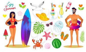 People with surfing board, summertime vector. Man and woman, monstera leaves plant, cocktail and watermelon with seeds fruit and seagull, crab seafood