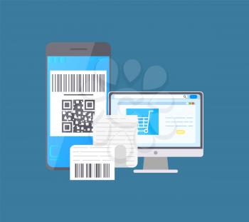 Bar code on mobile phone and laptop monitor screen vector. Devices with qr and receipt bill with info about purchase, shopping cart trolley on computer