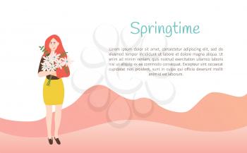 Springtime paper card decorated by standing woman with bouquet of daisies, girl holding flowers, portrait and full length view of female with flavor vector