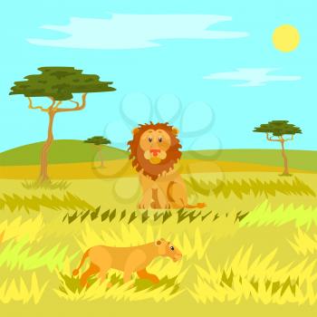 Sitting lion on grassland, wildlife dangerous animal in african field and hills. Panorama view of savannah with kenya, sunny weather, mammal vector