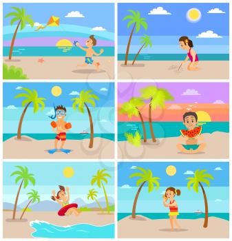 Summer beach sunset vector, children playing by seaside. Vacations for kids, boy wearing snorkeling equipment, eating watermelon, girl in lifebuoy