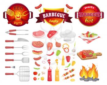 BBQ party dishware and fresh vegetables isolated icons vector. Frying pan with flame utensils, flatware with meat. Beef and pork, salmon and hot dog