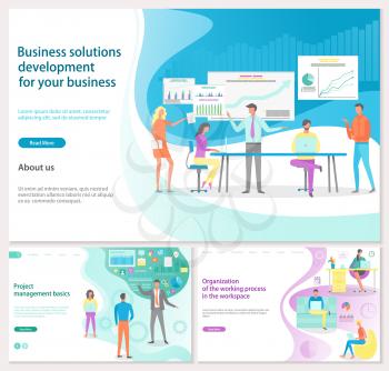 Workplace and efficiency organization vector, business solutions. Presentation of management skills and basics, working employees with charts. Website or webpage template, landing page flat style