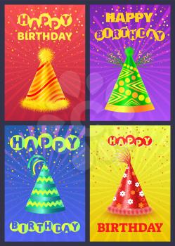 Happy birthday colorful greeting cards, festive cone cap with pattern of lines and flowers, celebration head accessory, bright holiday postcard vector