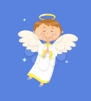 Child holding hands together vector, angel praying for peace. Angelic boy with wings and halo closed eyes. Kid wearing long costume, calm character