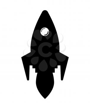 Space rocket silhouette vector isolated icon. Project startup symbol spaceship or shuttle dark emblem, cosmos satellite with illuminator. Spacecraft vs aircraft emblem. Black color on white background