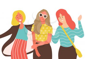 Females close-up, girls wearing casual clothes, sunglasses and handbag. Portrait view of people, embracing each other, hen-party or womens day vector