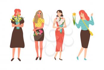 Females with flowers isolated cartoon characters. Vector women celebration international holiday for girls, 8 March concept. People with bouquets