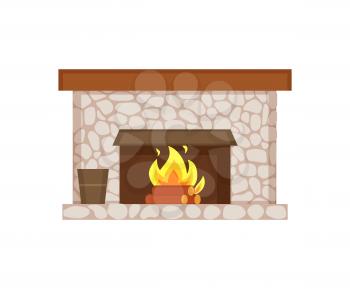Fireplace of home interior item isolated icon vector. Stone construction, bucket with poles and wooden material, firewood and flames burning heat