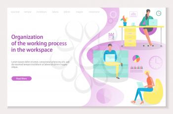 Organization of working process in workplace vector, people working at home, office. Man sitting on sofa with laptop, woman with computer typing. Website or webpage template, landing page flat style