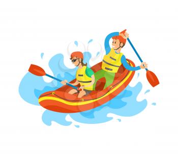 Rafting extreme sport postcard decorated by man and woman sitting on inflatable rubber boat, holding oars. People wearing helmet and life vest vector