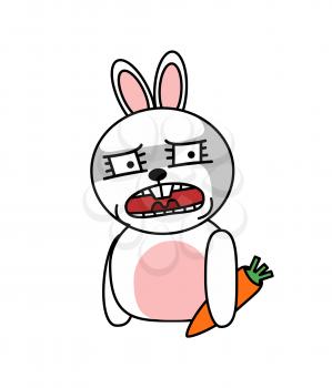 Hare holding carrot in paws vector, isolated sticker of rabbit in flat style. Emoticon of bunny expressing shock and surprised face expression, emoji