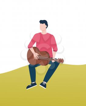 Person playing guitar sitting on green lawn vector, guitarist holding string acoustic instrument expressing himself. Hobby and relaxation on nature