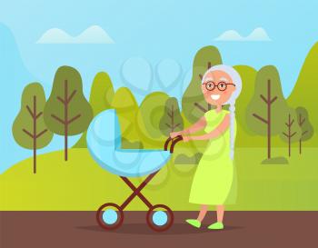 Grandmother walking outdoor with baby stroller, smiling woman in dress with buggy, portrait view of grandma with blue carriage in green park vector