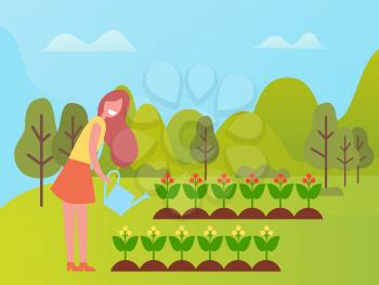 Person with watering can working on land vector, farming girl in good mood caring for soil and plantation with growing product, flowers in blossom