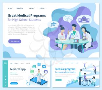 Medical program for recovery from injuries vector. Great High School students application, smartphone with possibilities. Medicine workers in gowns. Website or webpage template landing page flat style