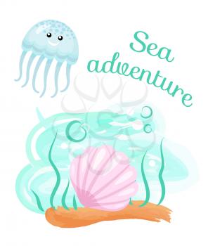Jellyfish and seashell on bottom, sea adventure vector. Seaweed and bubbles, ocean and underwater creatures, vacation or holiday at seaside, diving