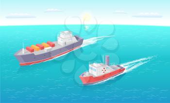 Water transport ferries with cargo set vector. Vessels transporting goods, fast shipment and delivery of products. Yacht for sea rides for people