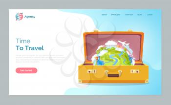 Time to travel vector, yellow baggage with Earth countries and continents. World globe in bag, vacation and tourism concept, airplane and sailboat. Website or webpage template, landing page flat style