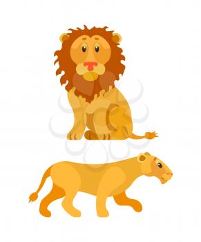 Sitting lion, king of animals, big crest, side view of lioness. Wildlife and dangerous cat, flat element of pride, closeup of leo, african predator vector