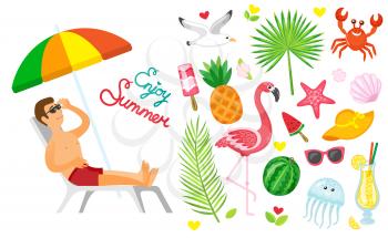 Enjoy summer vector, man sitting under umbrella relaxing. Palm tree branch with leaves, crab and flamingo with pink plumage, ice cream and watermelon