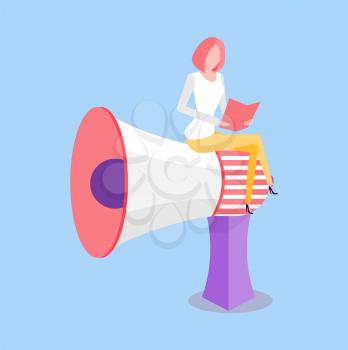 Woman sitting on loudspeaker big megaphone vector isolated on blue. Loudhailer portable hand-held cone shaped acoustic horn to amplify voice vector