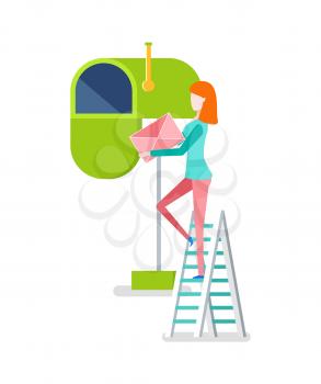 Woman standing on the stairs putting envelope in mailbox. Female holding letter, side view of person. Green postbox isolated on white, empty cover vector