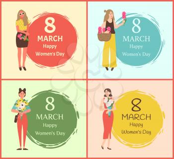 Happy womens day 8 march greeting cards with girls and flower bouquets. Vector female people with blossoms and round painted dot, ladies cartoon style