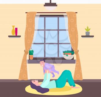 Motherhood and childhood vector, woman at home playing with child flat style. Interior of room, windows and curtains, vase and houseplant flora in pot