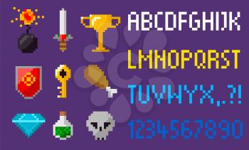 Pixel game icons and alphabet vector, sword and elixir in glass. Skull and diamond brilliant and chicken, key and bomb, shield and key trophy award, pixelated 8 bit objects
