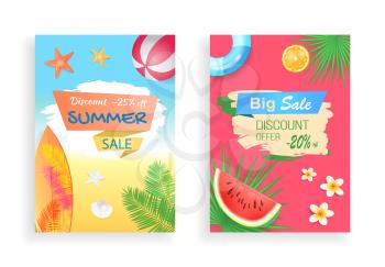Big summer sale, discount offer vector curved ribbon. Watermelon and orange piece, inflatable ring, palm leaf, surfboard and ball, flower and starfish