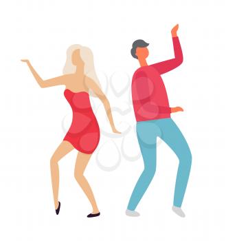Man and woman vector, partying couple spending good time in club flat style, isolated male and female clubbers wearing fancy clothes stylish dancers