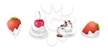Fruit cream, strawberry and cherry, chocolate with creme, element of cake decoration, seasonal products set on white, delicious berry, dish vector