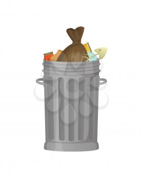 Garbage bin vector, package with collected dirt and litter, metal container with can and disposal, conservation of planet, isolated icon in flat style