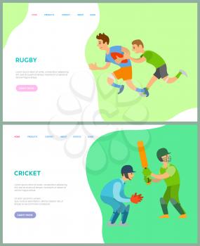 Rugby and cricket sports, men running with ball, people wearing helmet, gloves holding bat. Portrait and full length view of training males vector. Website or webpage template, landing page flat style