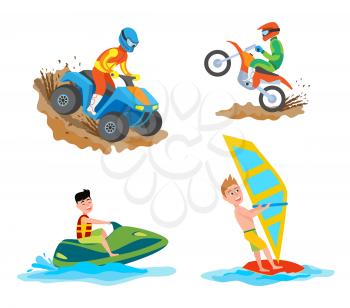 People with hobbies vector, isolated man on bike, motorbike riding, person wearing special uniform. Water extreme sports, windsurfing and sailing