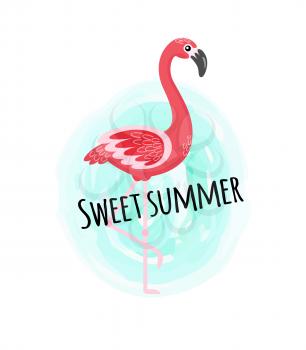 Sweet summer poster vector, flamingo and water wave with splashes. Pink flamingoes animal, bird with long neck and legs. Summertime vacation, relaxing holiday