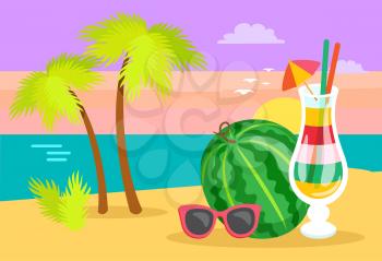 Papercard decorated by watermelon, cocktail in glasses and sunglasses, palm trees on sand. Ocean view and sunset with cloudy sky, summer postcard vector