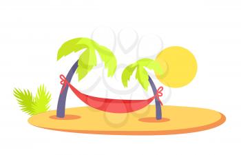 Tropics vector, isolated hammock tied to two palm trees tropical beach and sunset, sunshine on beach with hot sand, nature of coastal area idyllic place, rest unde? palms