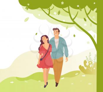 Young people walk in green spring or summer park, smiling cartoon characters. Vector brunette woman in dress and smiling handsome guy in blue jacket