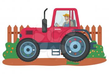 Person riding tractor vector, farmer busy with agricultural work flat style farming man in machinery for husbandry. Fence with bushes and flowers