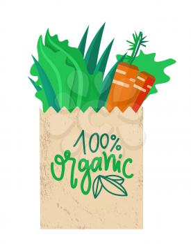 Vegetables in shopping bag vector, organic meal and package made of paper, carrots and greenery leaves and foliage full of vitamins dietary menu isolated