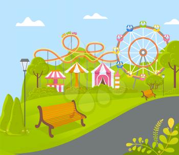 Amusement park vector, fun time and relaxation on nature. Ferris wheel and tents, circus and attraction, fair weather and entertainment on wooden bench