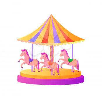 Amusement park attraction vector, carousel with phone for children to have fun isolated carousel with horses riding circle. Spinning construction with tent