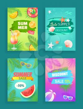 Summer sale, season discount shaped ribbon and spot, vector banner. Beach party theme, inflatable ring, seashore and cocktail, fruit and palm leaves